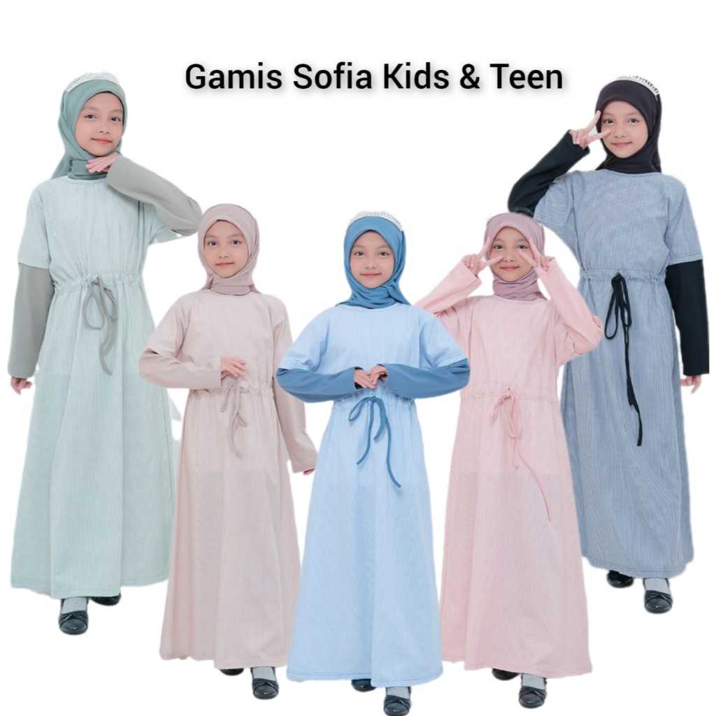 Gamis Sofia Dress Anak Perempuan Muslimah Motif Salur Anak Tanggung Usia 5 Sampai 14 Tahun Kekinian