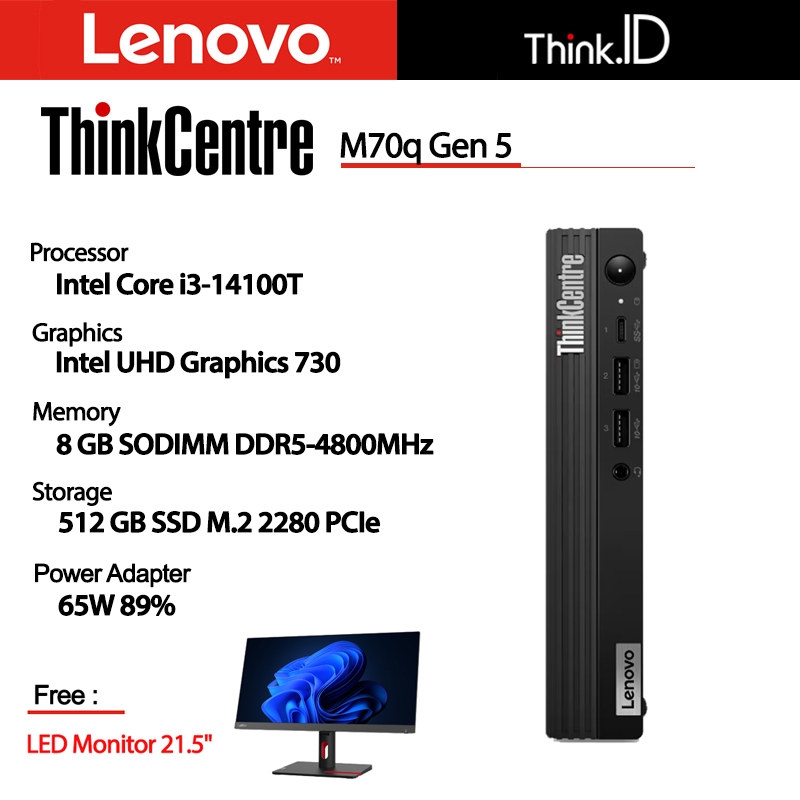 Lenovo ThinkCentre M70q G5 i3-14100T 8GB 512GB SSD Win11 Pro + LED 21.5"