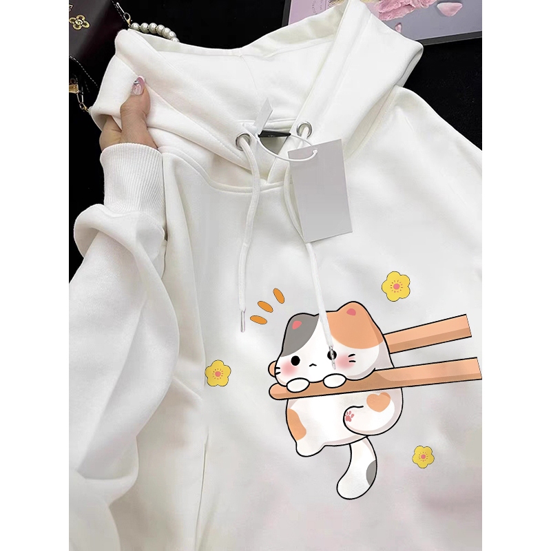 Forteid  Hoodie Sweater Wanita Oversize Gambar cetakan kucing lucu di sumpit Korean Style Baju Wanit