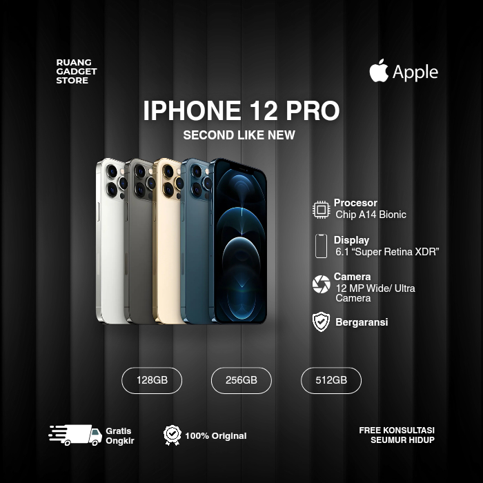 IPHONE 12 PRO SECOND LIKE NEW 128GB 256GB SPACE BLACK, SILVER, GOLD, MIDNIGHT BLUE