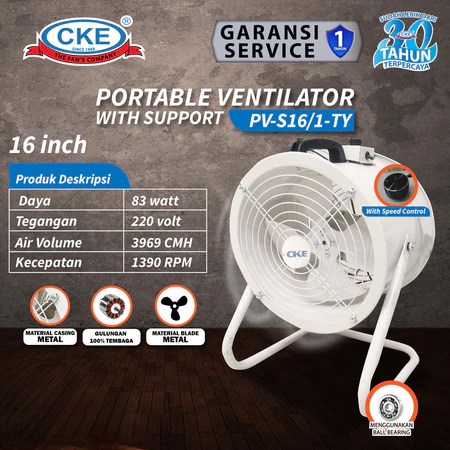 CKE Portable Ventilator 16 Inch With Support Blower Exhaust Drum Fan Hisap Udara Panas Industri