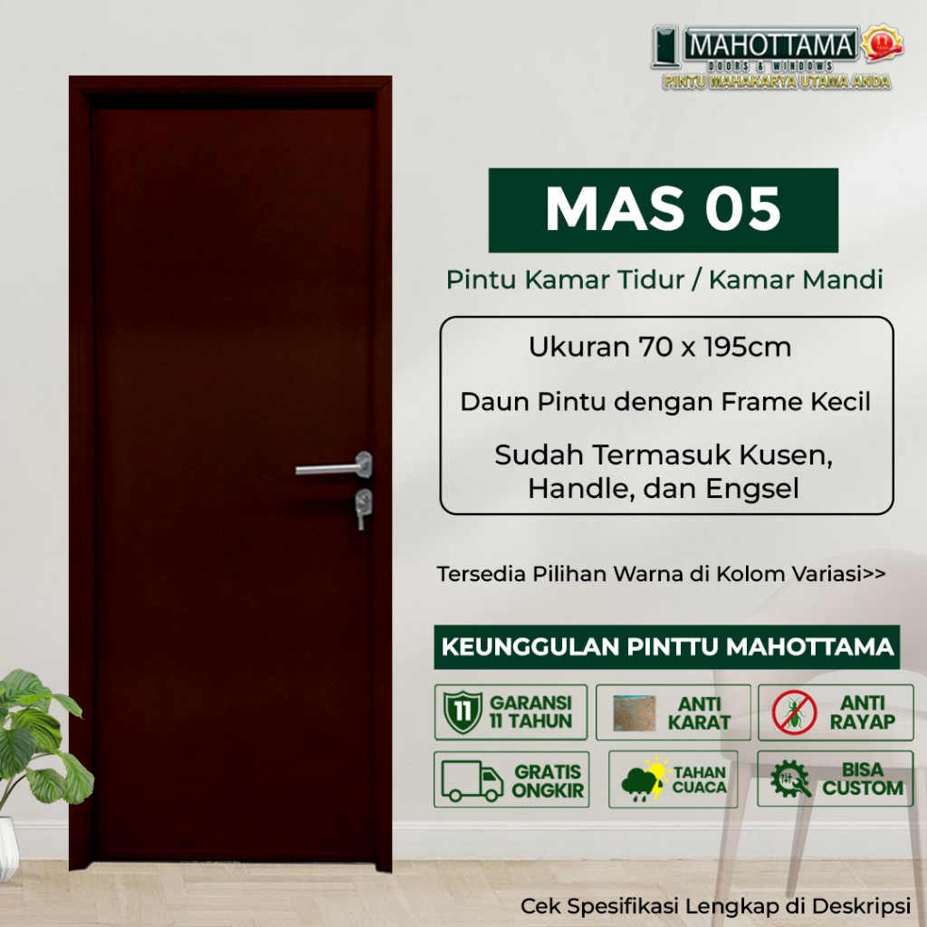 MAHOTTAMA MAS05 - Pintu Kamar Tidur / Kamar Mandi Aluminium 70 x 195cm Rumah 1 Set Kusen Kunci Handl