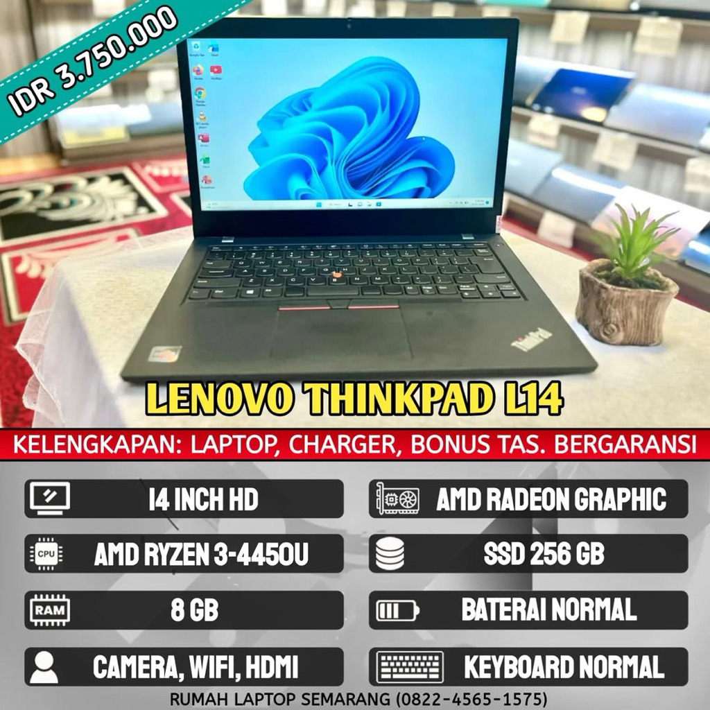 Laptop Lenovo Thinkpad L14 (second). AMD Ryzen 3-4450U. RAM 8 GB. SSD 256 GB