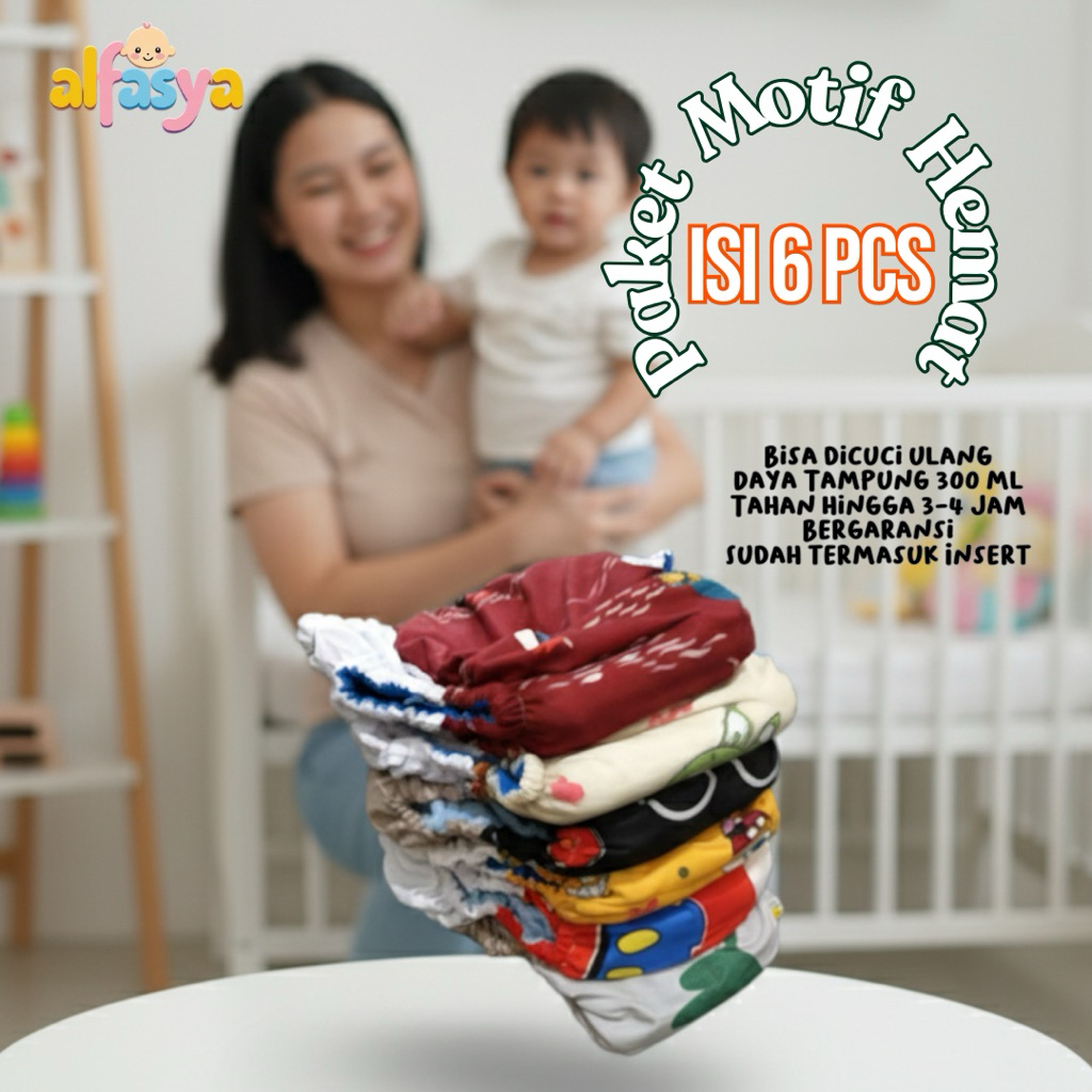 [6 PCS] Popok Bayi Popok Cuci Ulang Clodi Celana Anti Bocor AIO Paket Hemat Baby Alfasya