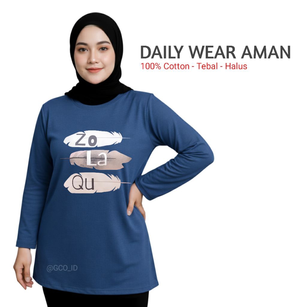 Semitunik Zolaqu Original Wanita Terbaru | Kaos Oversize Biru Denim Motif Uniq Kekinian 2025 Lengan 