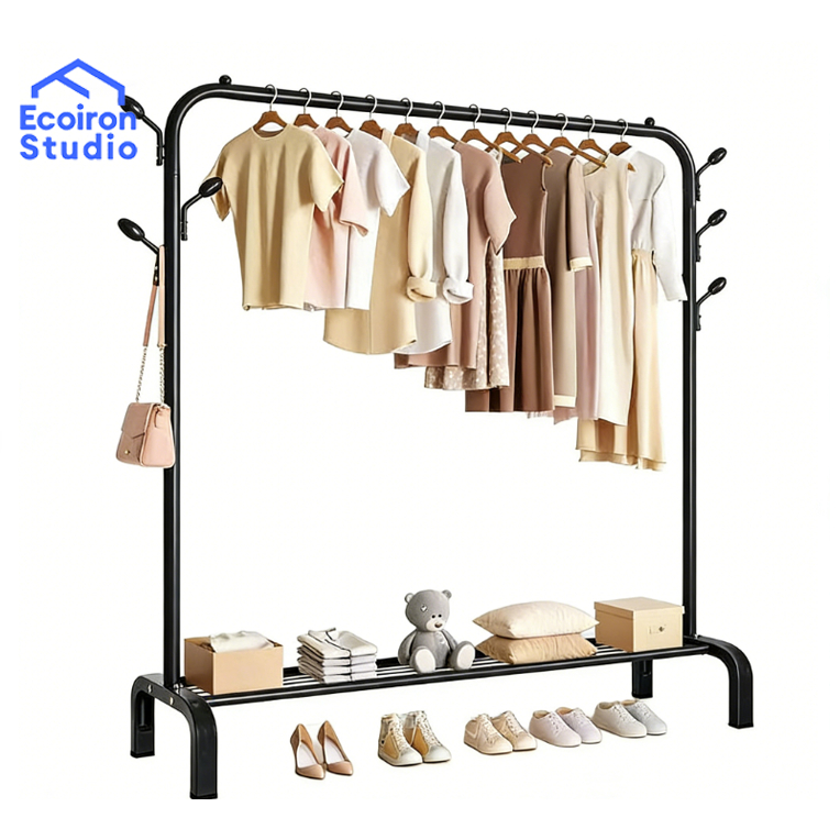 EcoIron Studio Rak Gantungan Baju Berdiri Besi Gantungan Daun Kokoh Hitam Putih COD Ready Surabaya
