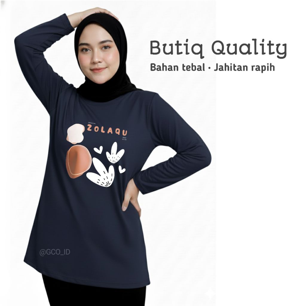 Tunik Oversize Wanita Zolaqu Original | Kaos Biru Navy Dongker Lengan Panjang Kekinian Korea Hijab S