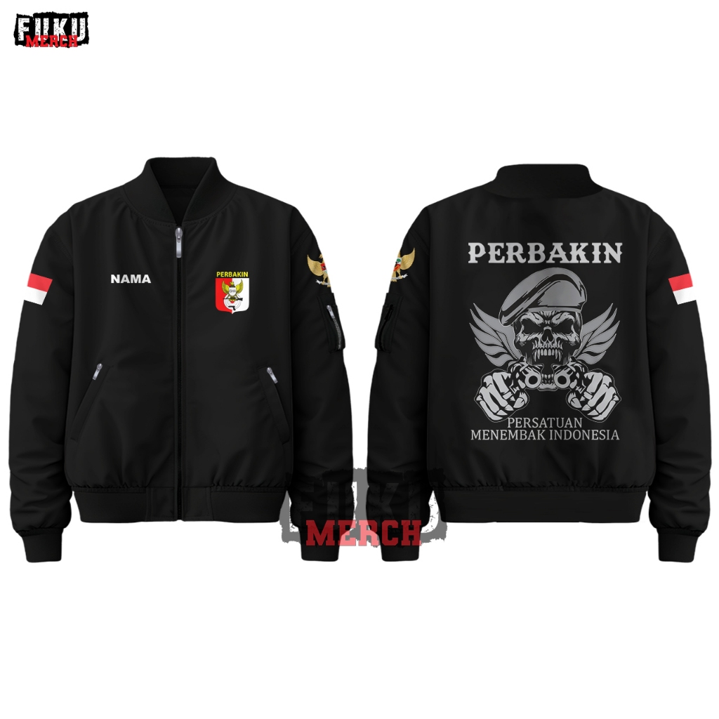 Jaket Bomber PERBAKIN Persatuan Menembak Indonesia Free Nama Custom Ritsleting Hitam Taslan