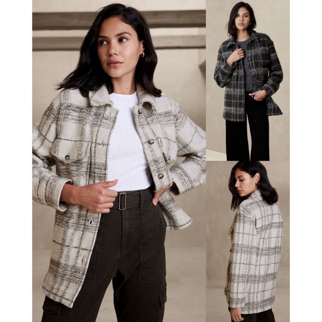 Jaket Kemeja Outer Wanita Bahan Semi-Wool Motif Kotak-Kotak | Plaid Boucle Shirt Jacket - BR-9553