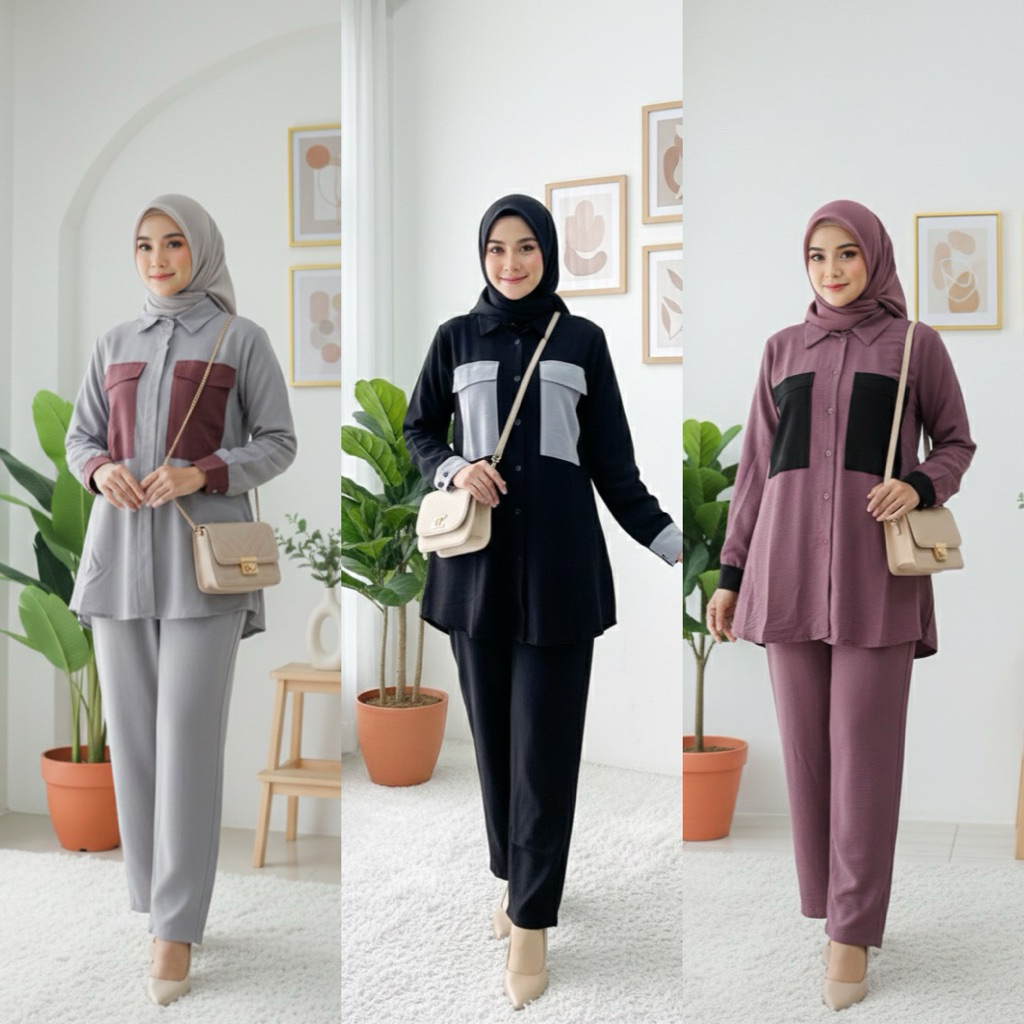 Oneset crinkle pocket | setelan celana | one set kemeja crinkle | setcel | kemeja | setelan kemeja