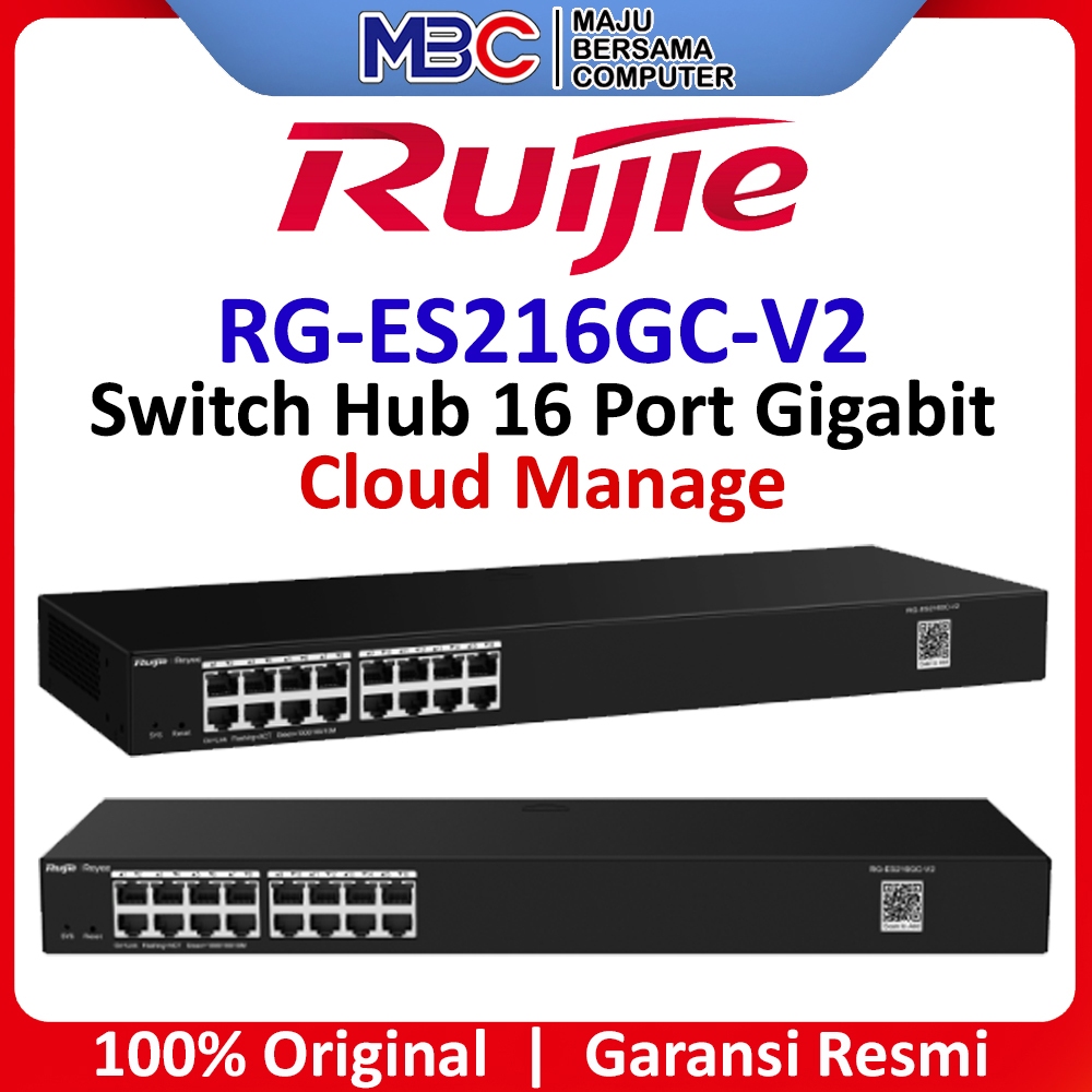 Ruijie RG-ES216GC-V2 Switch Hub 16 Port Gigabit Cloud Manage Non-PoE Switch Hub - 5 8 16 24 Port
