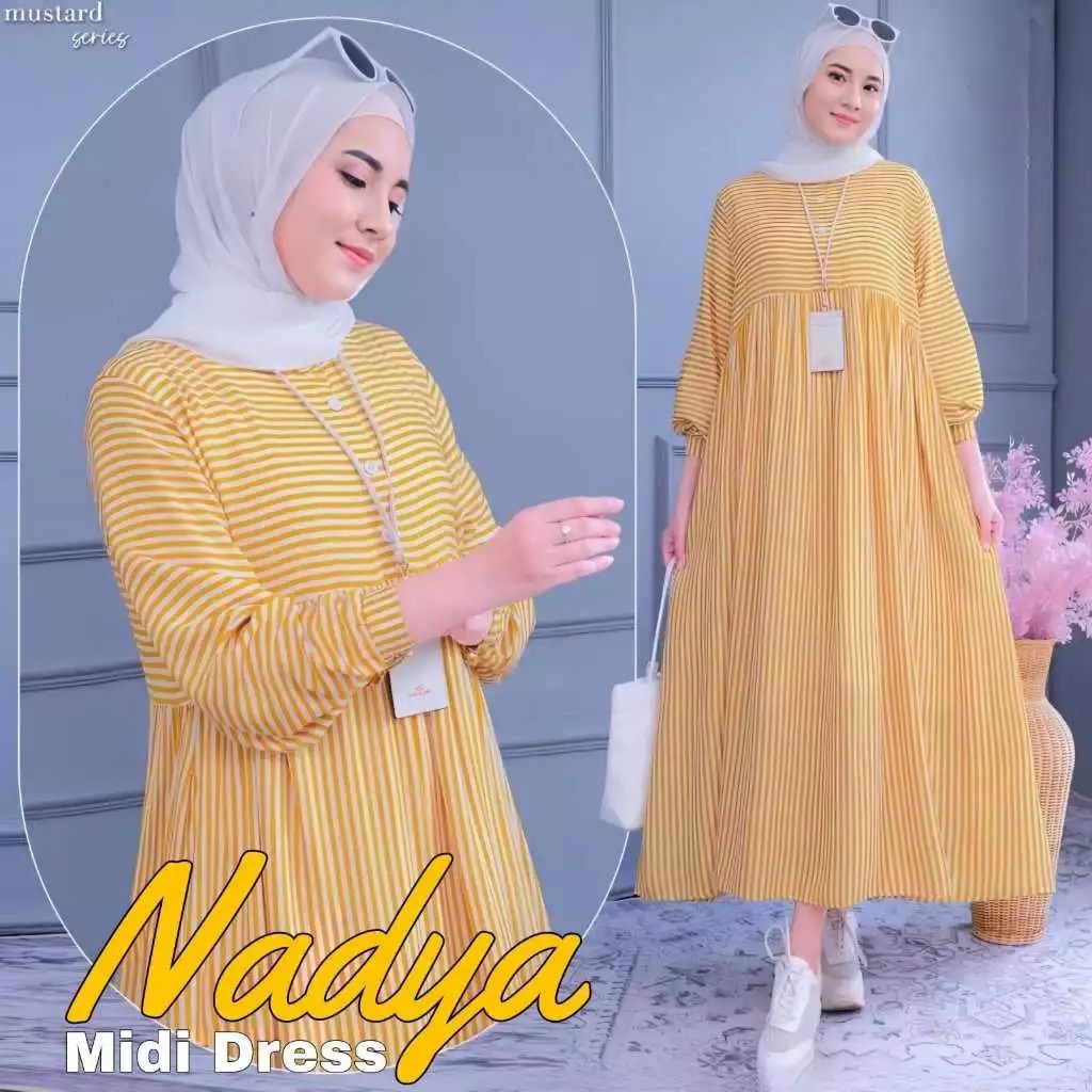 Nadya Midi Dress Salur Elegan Katun Rayon Terbaru - Gamis Wanita Salur Kekinian - Gamis Casual