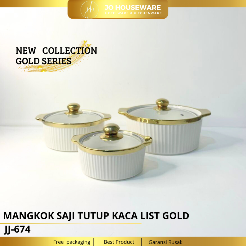Mangkok Saji Tutup Kaca List Gold Keramik Premium Unik Diameter 16,23, & 27cm / Set Mangkok Keramik 