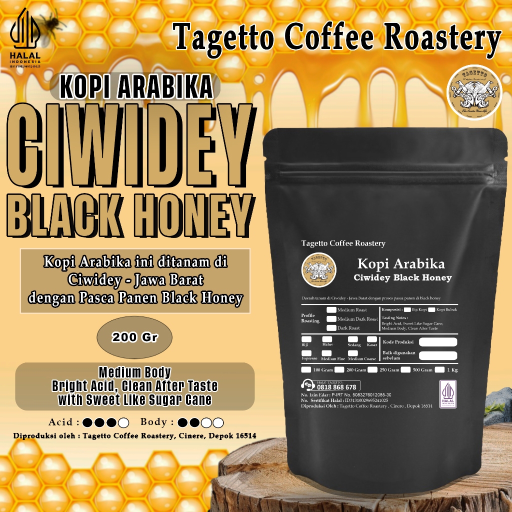 BIJI KOPI ARABIKA CIWIDEY BLACK HONEY 200GR | ARABICA BEAN GROUND BUBUK 200 GRAM TAGETTO COFFEE