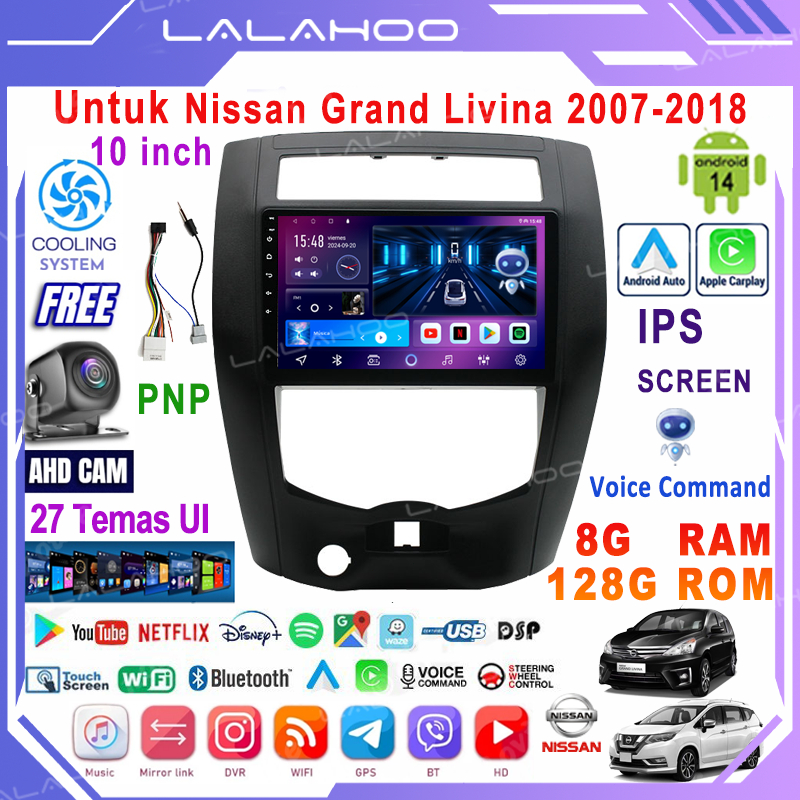 LALAHOO Untuk Nissan Livina 2007-2018  8G+128G Android 14 Head Unit Termasuk Frame/PNP Soket 10 Inch