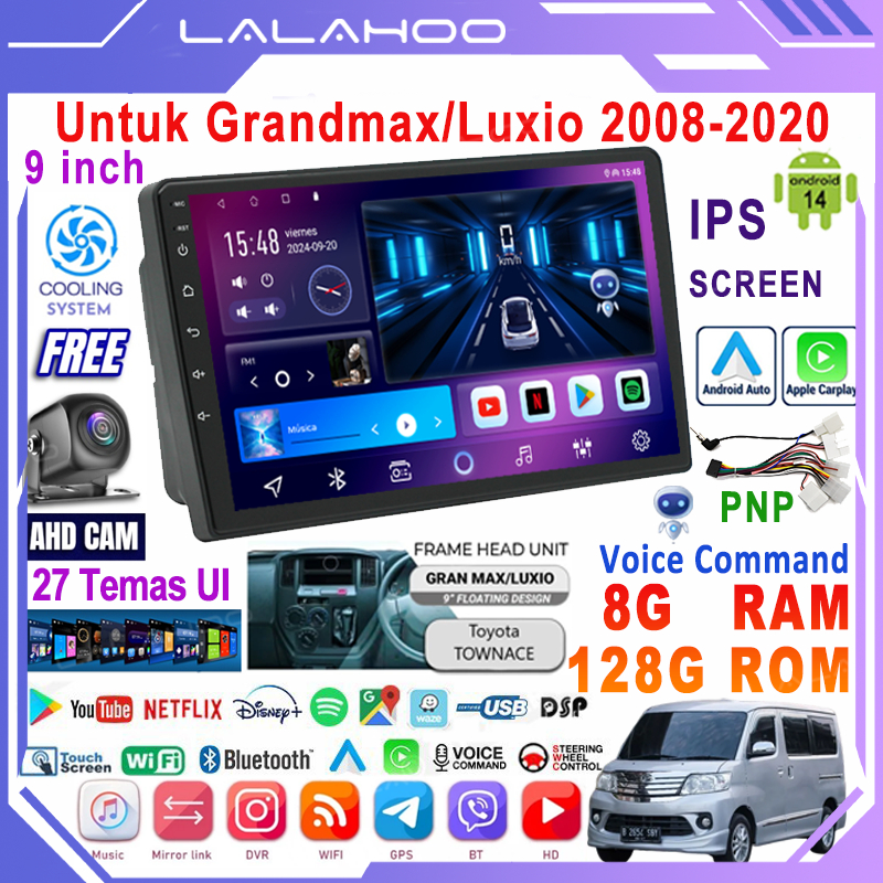 LALAHOO Untuk Grandmax/Luxio 2008-2020  8G+128G Android 14 Head Unit Dengan Frame/PNP Soket 9 Inch