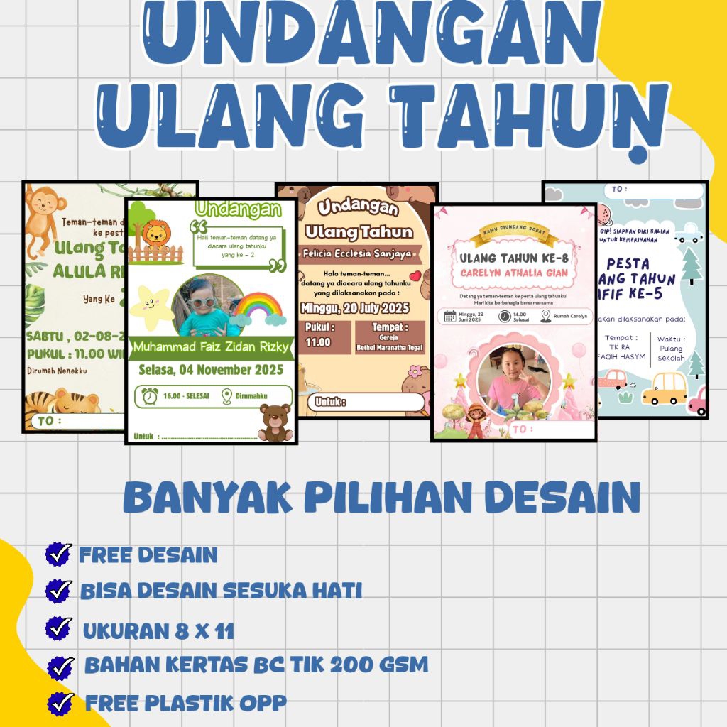 KARTU UNDANGAN ULANG TAHUN ANAK  - UNDANGAN ULANG TAHUN - UNDANGAN ULTAH - BISA CUSTOM - FREE DESAIN