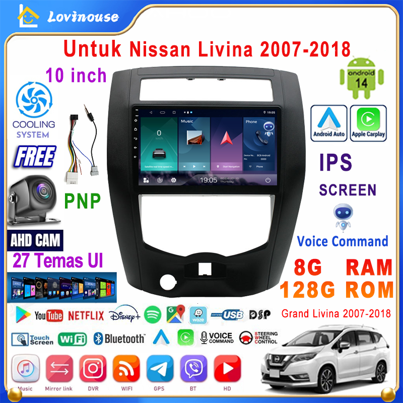 LALAHOO Untuk Nissan Livina 2007-2018  8G+128G Android 14 Head Unit Termasuk Frame/PNP Soket 10 Inch