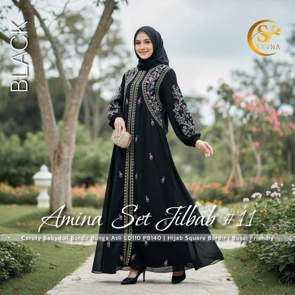 Amina Set Jilbab Gamis Ceruty Babydoll Full Furing Bordir + Jilbab 105x105 Busui Friendly Elegan