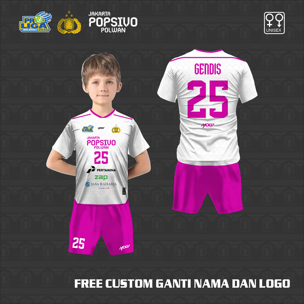 Setelan Jersey voli anak kaos Bhayangkara popsivo polwan baju olah raga free custom