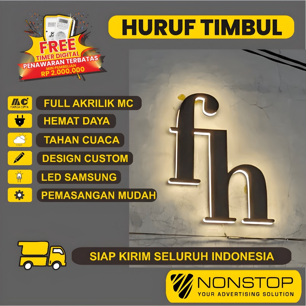 HURUF TIMBUL AKRILIK, HURUF TIMBUL STAINLESS CUSTOM GRATIS DESAIN LED SAMSUNG PREMIUM NEONBOX