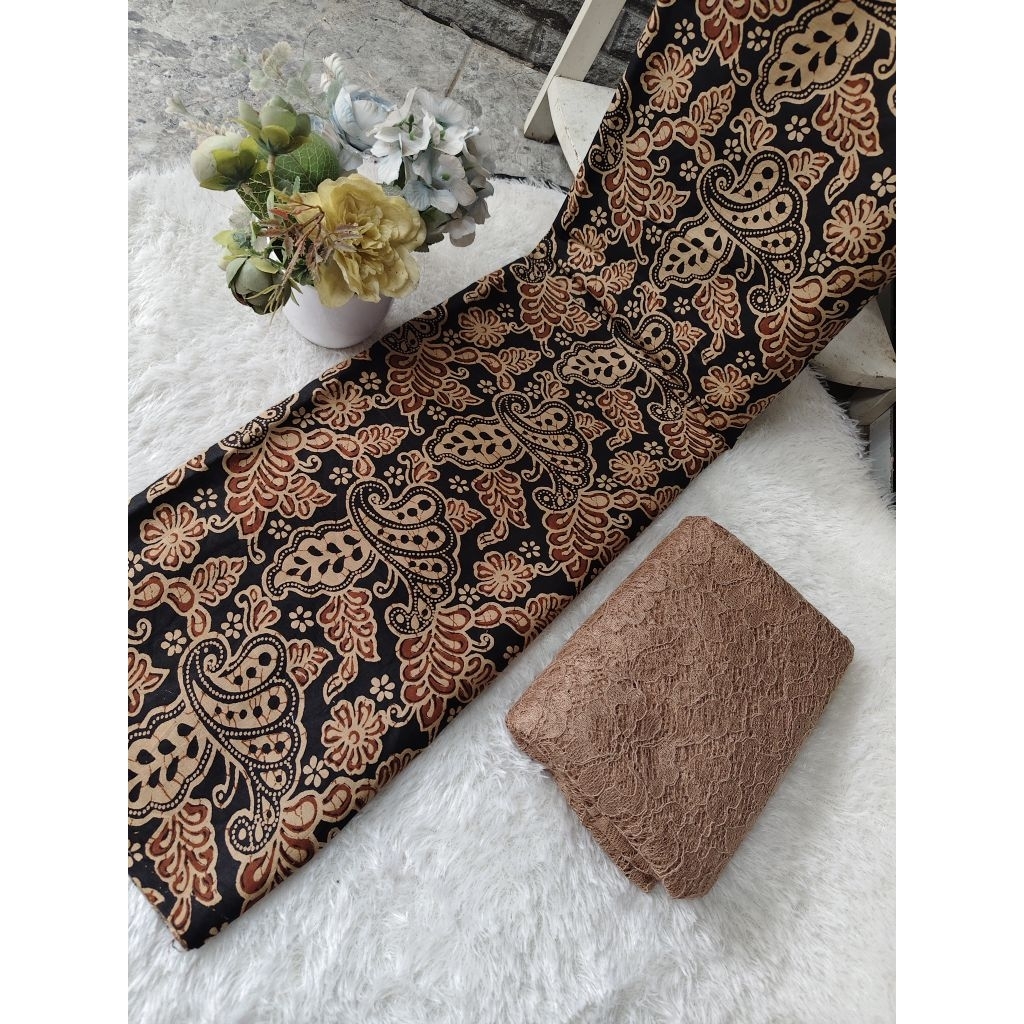 Kain Batik Pekalongan Jarik katun prima set brokat cord warna coklat