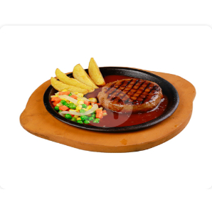 Steak daging cincang dibalur dengan saus barbeque