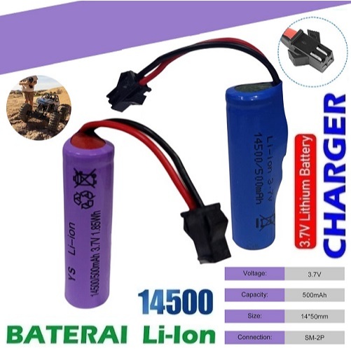 Batterai Charger RC 14500 Li-ion 3.7volt 500mAh Plus Socket Hitam 2 Pin SM-2P Battery Batree Mainan 