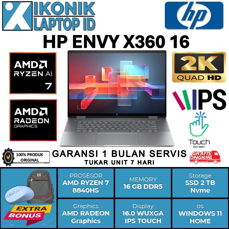 Laptop Gaming Touchscreen HP Envy 16 x360 Ryzen 7 8840HS Ram 16GB SSD 2TB 16" WUXGA Windows 11 Home