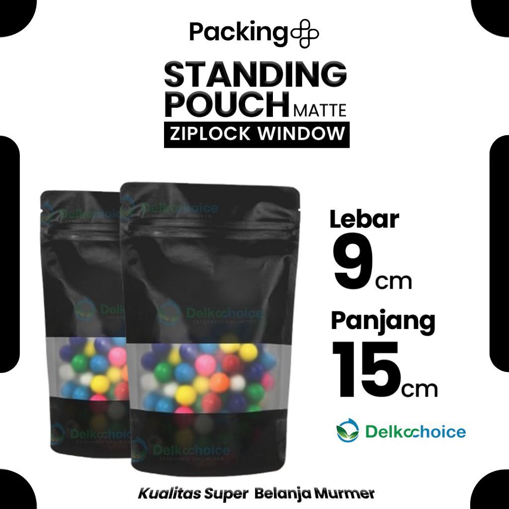 Kemasan Standing Pouch Matte Doff 9cm x 15cm HITAM (BLACK) Window Ziplock Plastik Klip Harga Murah
