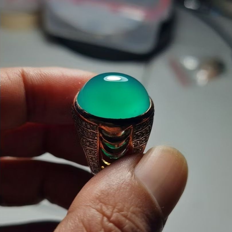 Natural Cincin Akik Bacan Gulau Ijo Botol Super Kristal Giwang Mumbul Ring Perak