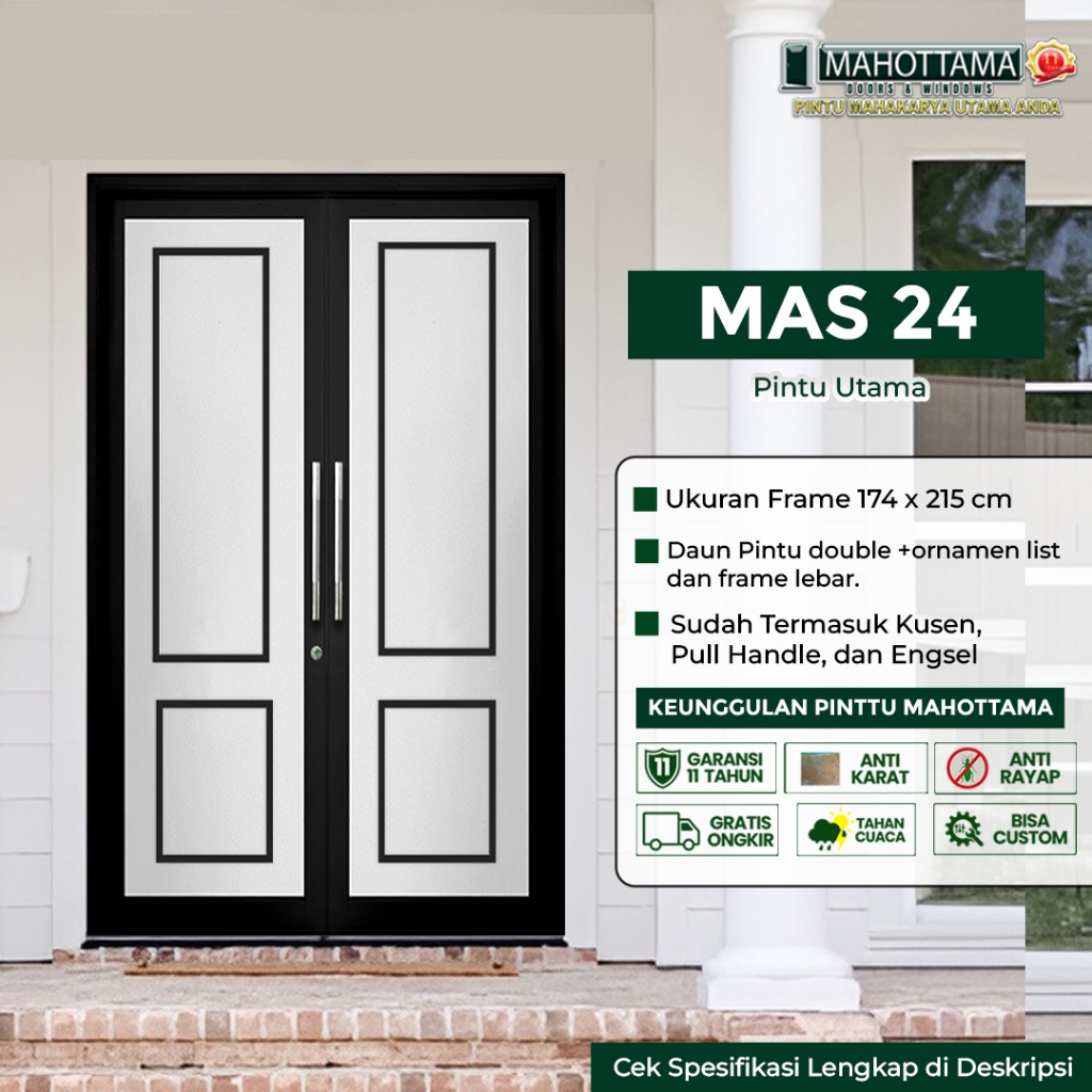 MAHOTTAMA MAS24 - Pintu Rumah Kamar Tidur Kamar Mandi Aluminium Kaca 174 x 215cm Utama 1 Set Kunci H