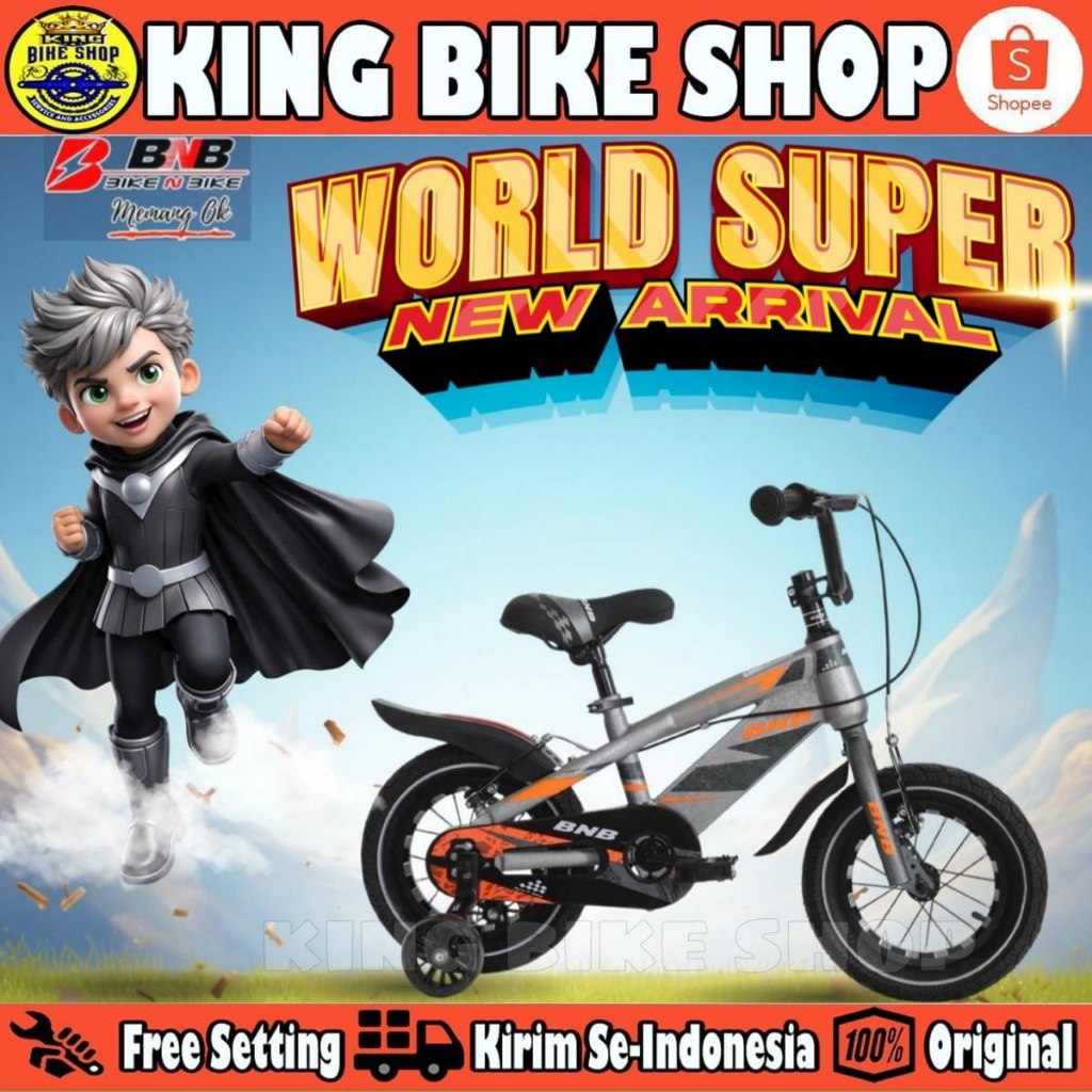 Sepeda Anak Laki BMX BNB WORLD SUPER Ban 2.50 V-Brake Ukuran 12 16 18 Inch Untuk Usia 2-8 Tahun