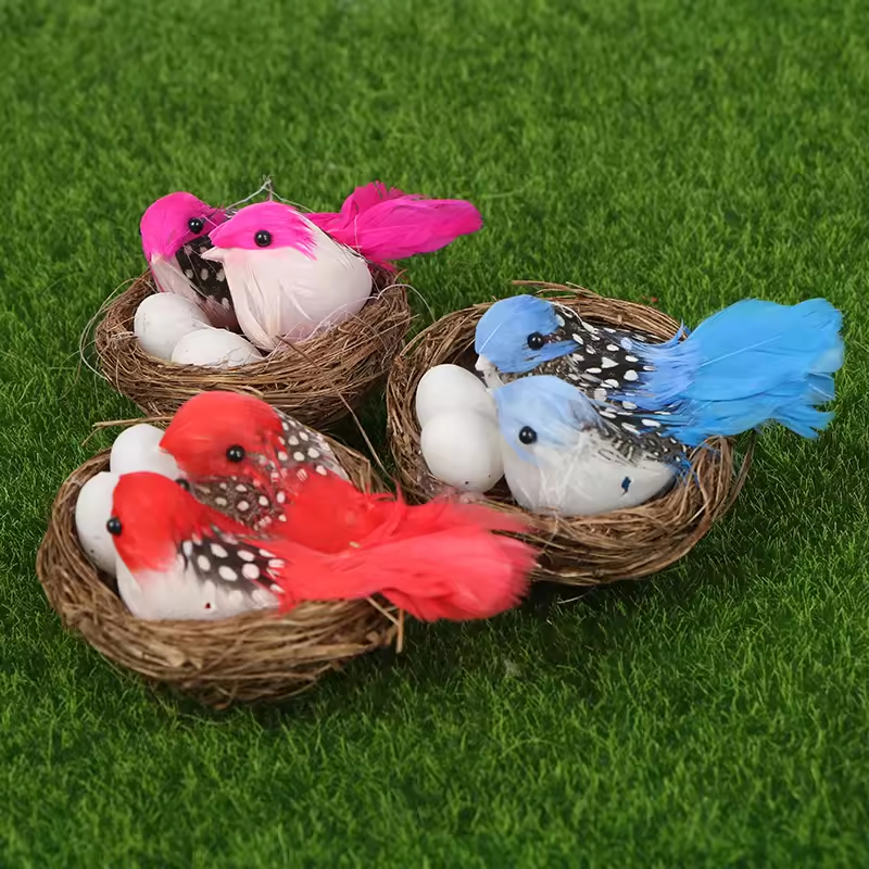 Artificial Miniature Bird Nest with Feathered Birds & Eggs 8cm Miniatur Sangkar Burung