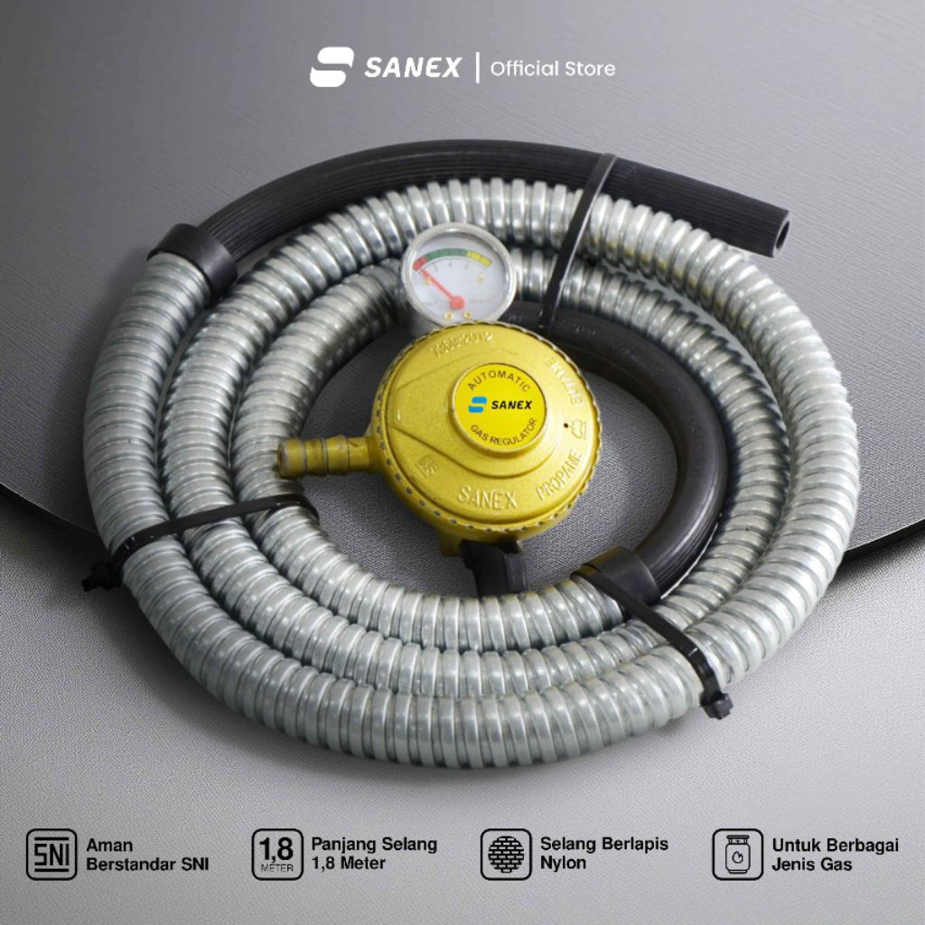 Regulator Gas Sanex SN-R18-1 + Selang & Klem | Aman & Kuat untuk LPG 3 Kg & 12 Kg