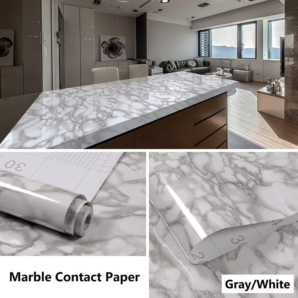 WALLPAPER DINDING RUANG//WALLPAPER STICKER MOTIF MARMER/MARBLE PUTIH ABU