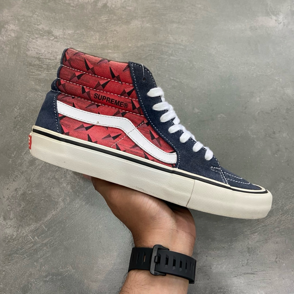 [Size 41] Rare Supreme x Vans Sk8-Hi Pro ‘Diamond Plate Navy Red’ VN0A45JDTEC Second Original Kondis