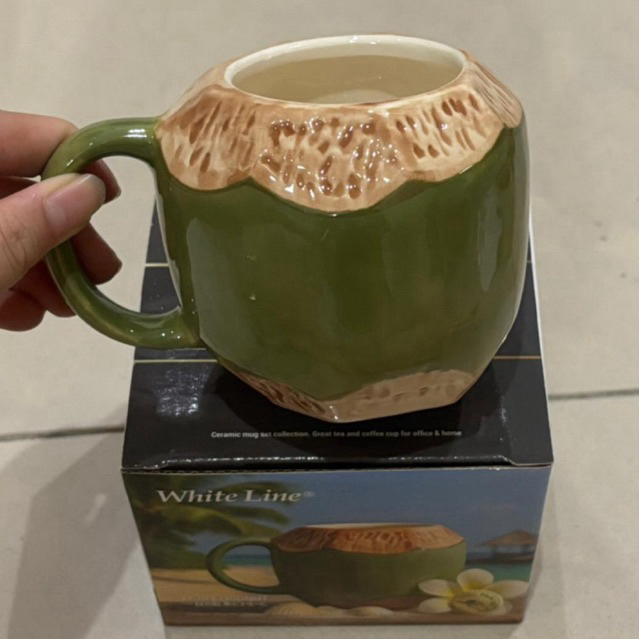Mug Keramik Kelapa White Line Unik | Coconut Mug Estetik Hand Painted cocok buat kado