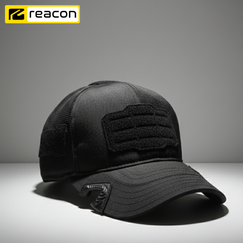 Topi Tactical Reacon Ripstop - Desain Velcro, Bahan Ripstop Jaring, Motif Polos Hitam