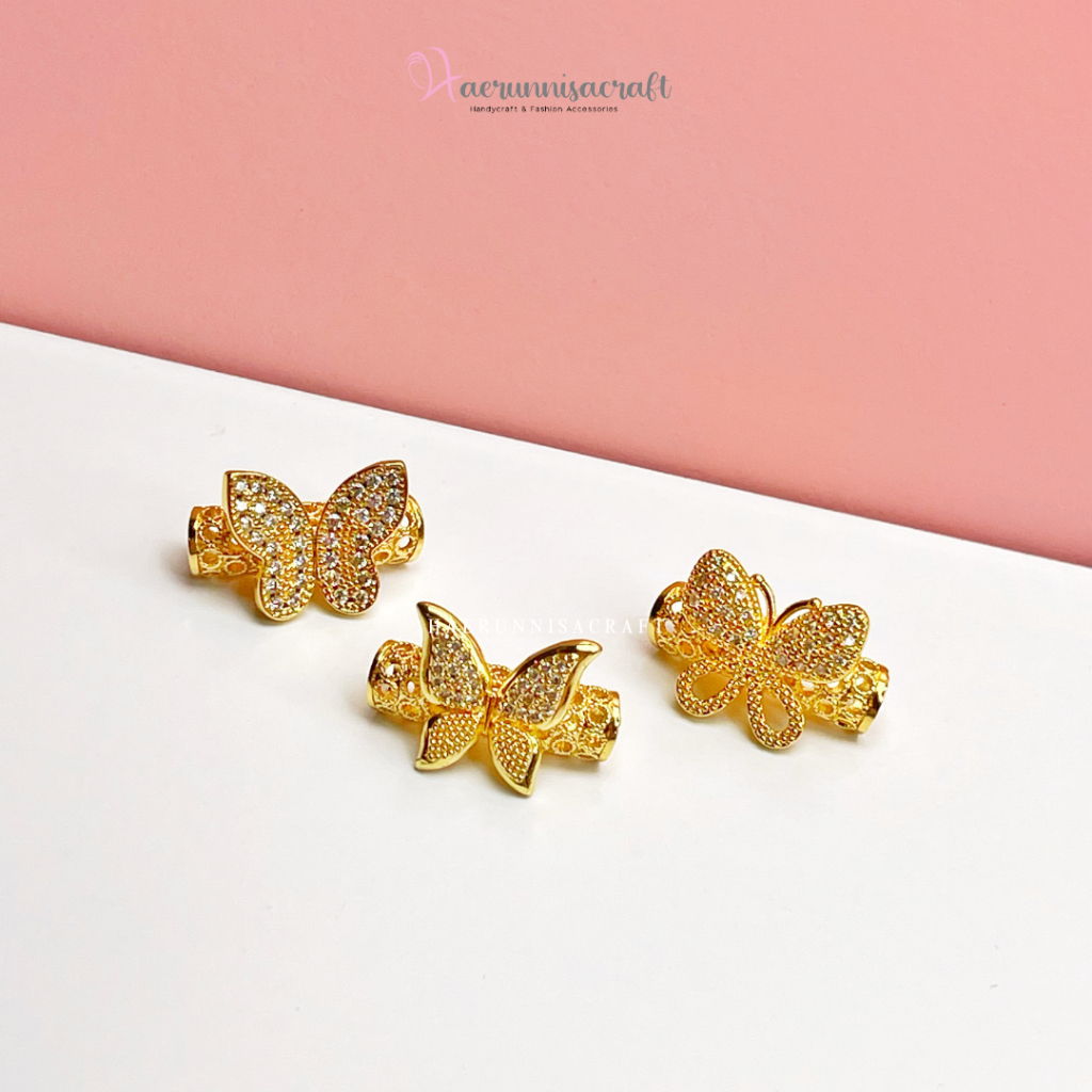 Liontin Gelang Tabung Kupu Kupu Besar Permata Diamond Gold Charm Lubang 3mm