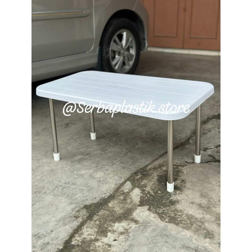 Meja cafe besar putih meja kaki stainless / meja teras / meja lesehan meja tamu meja plastik kokoh m