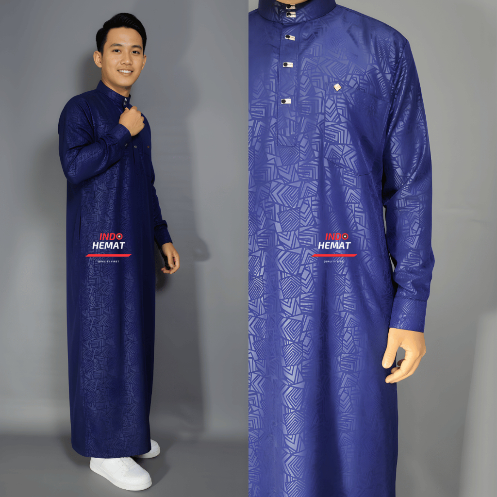 Jubah Gamis Pria Dewasa Lengan Panjang Manset Embos Motif Timbul Katun Premium
