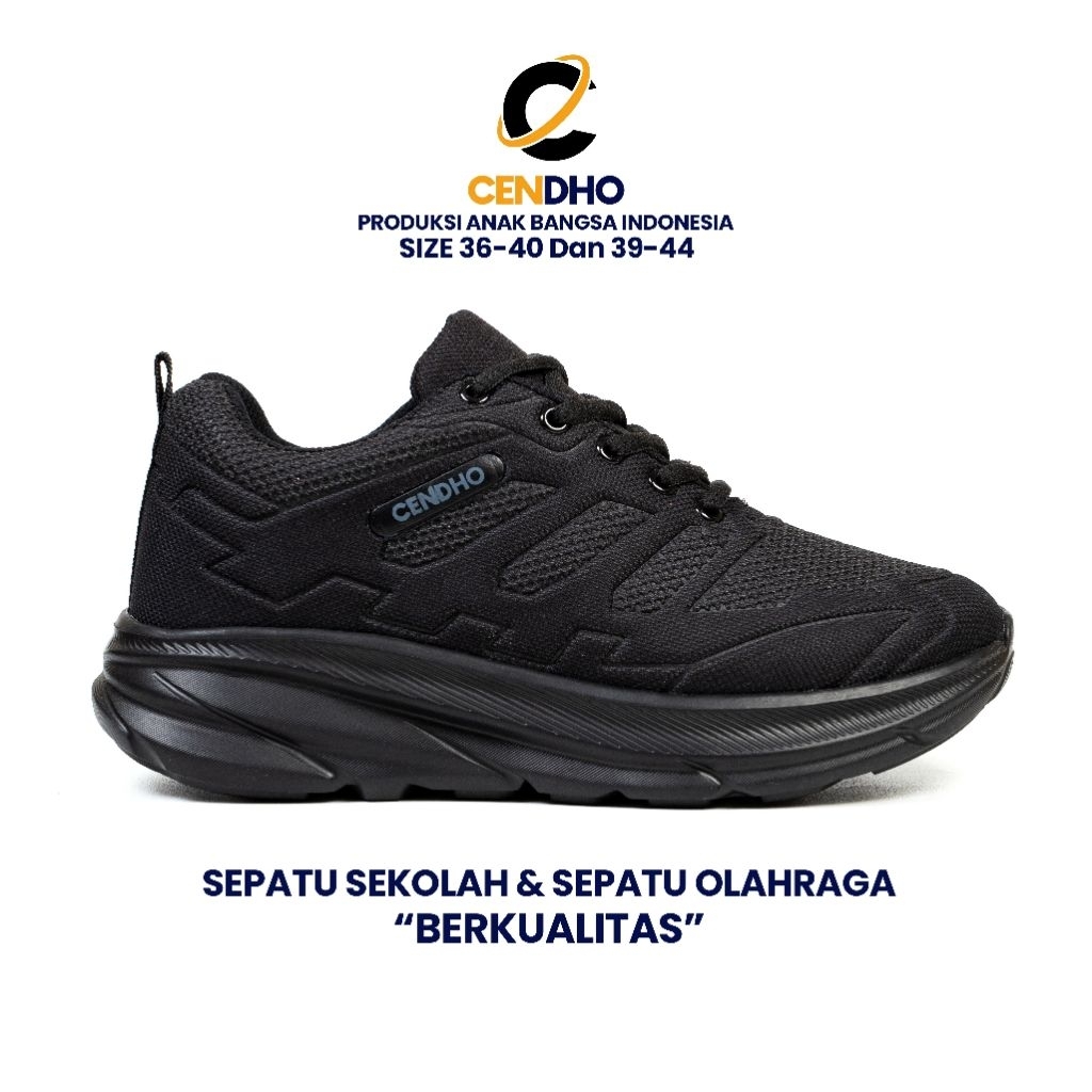 CENDHO - Sepatu sneakers pria hitam polos ringan terbaik keren