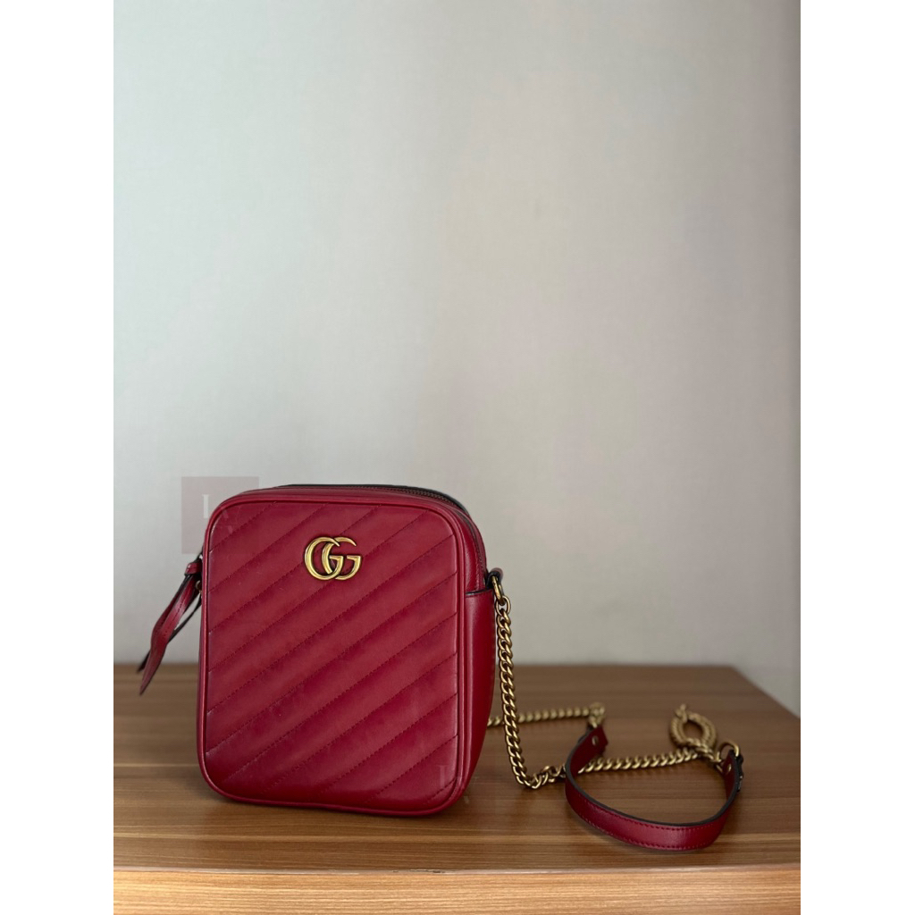 Preloved Gucci Diagonal Matelasse Leather GG Marmont Double Zip Mini Camera Bag Mirr0r