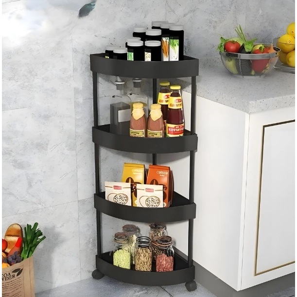 Rak Sudut Plastik 4 Susun / Rak Siku Dapur Kamar Mandi Serbaguna dengan Roda / Rak Sudut Dapur Plast