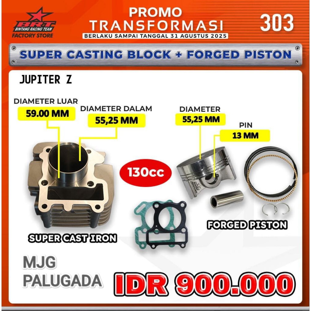 BLOK CAST IRON 55.25 MM + PISTON BORE UP 130 CC JUPITER Z (5TP) BRT BINTANG RACING TEAM