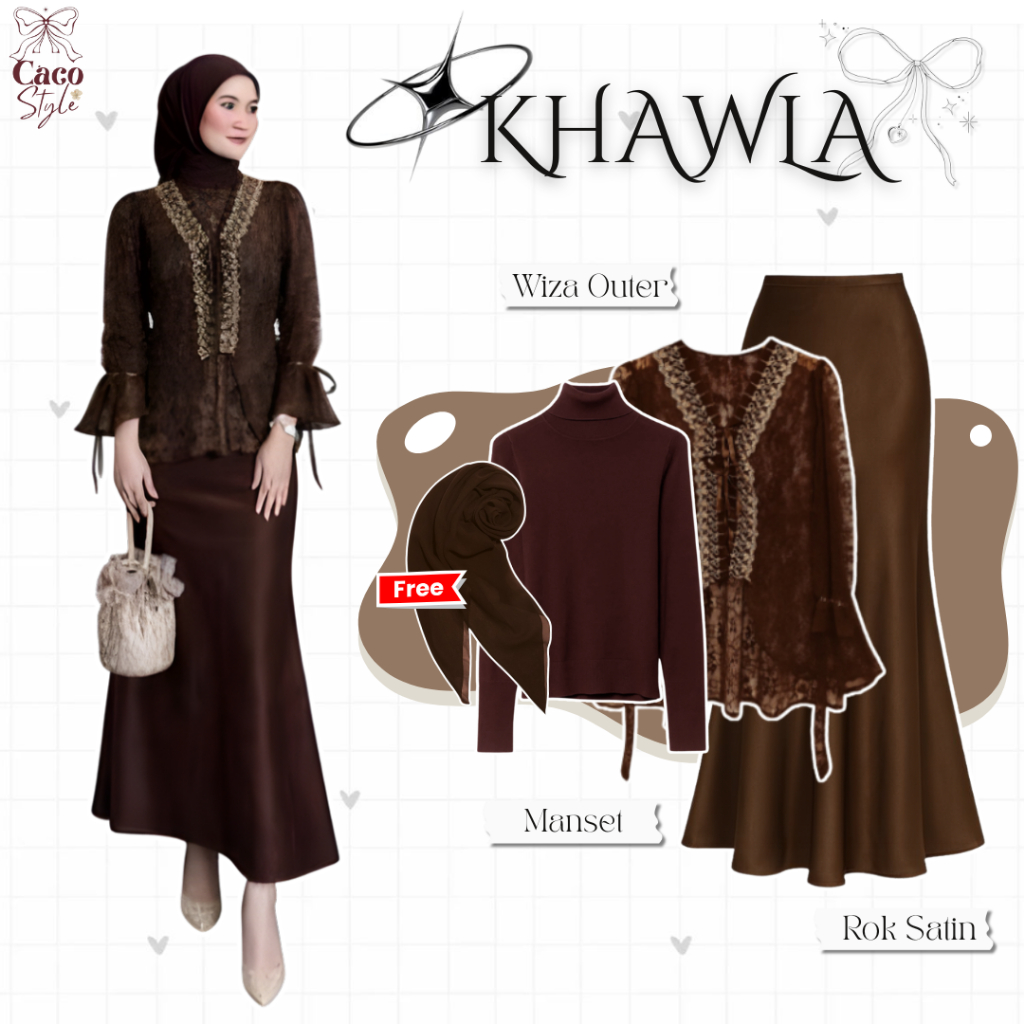 KHAWLA One Set 4In1 Mahoganny  Outfit Lebaran Tunik ( Bella Square + Manset + Tunik + Rok )  - CO110