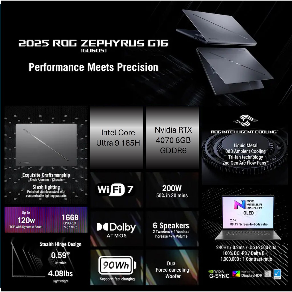 Laptop Gaming Nvidia RTX 4070 Asus ROG Zephyrus G16 Intel Core Ultra 9 185H 16 Inch OLED 240Hz