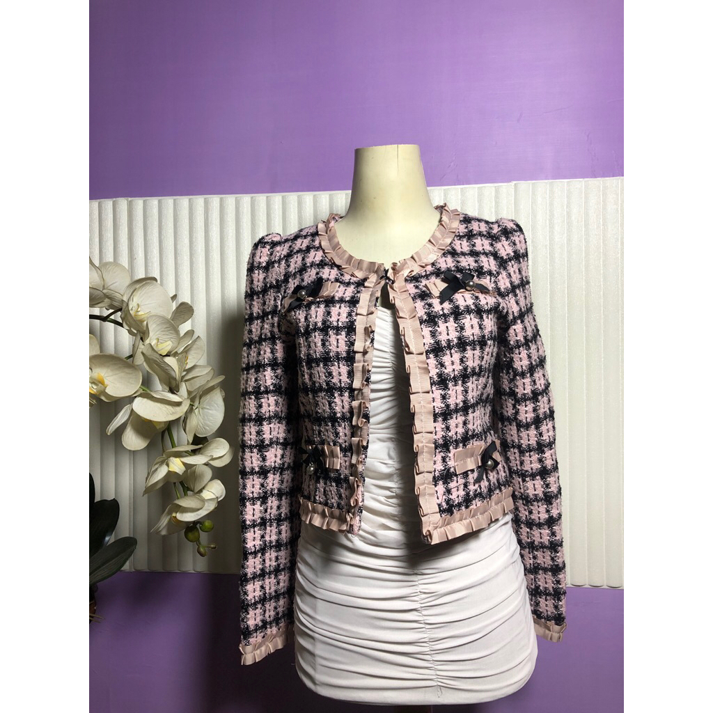 Blazer Tweed Boucle Crop Pink Black High Quality