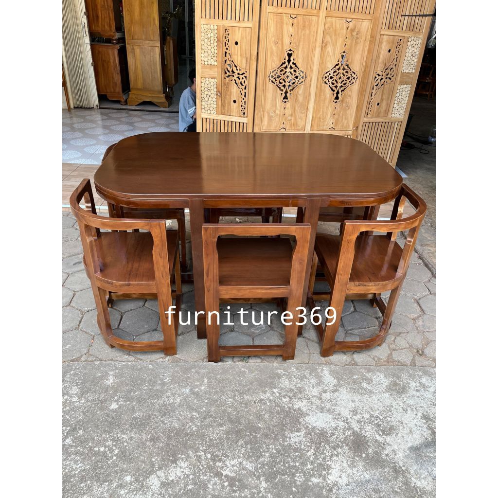 meja makan oval 6 kursi kayu jati minimalis, set meja makan oval 6 kursi jati minimalis